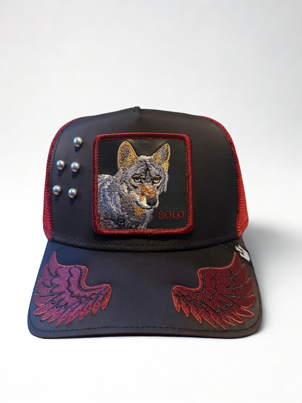 Goorin Bros Black and Red Trucker Hat with Embroidered Wolf Patch